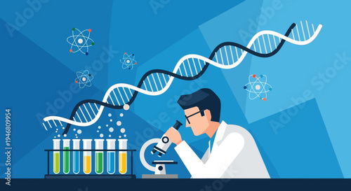 Scientist examining DNA helix and molecules with microscope in laboratory