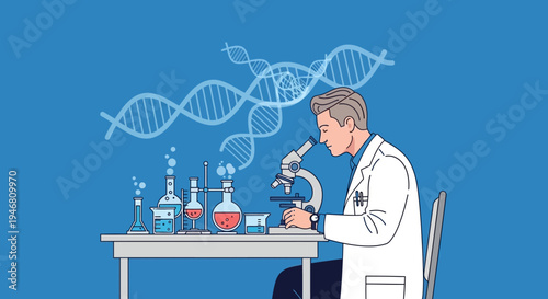 Scientist examining DNA structure under microscope in laboratory with test tubes and molecular models