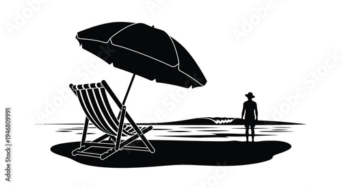 Black and white illustration of a beach with umbrella and person