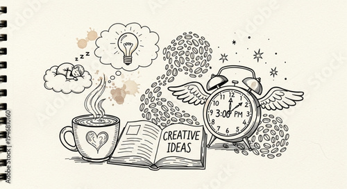 Creative ideas flowing from coffee and newspaper to a winged clock.
