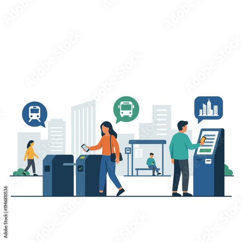 Commuters use transit passes at a busy urban train station with ticket machines and barriers.