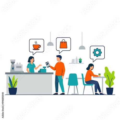 People interact at a coffee shop counter with one ordering and others seated.