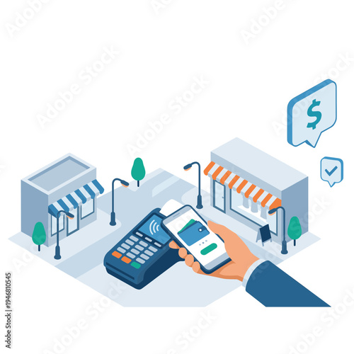 A person makes a contactless payment using a smartphone and a payment terminal at a shop.