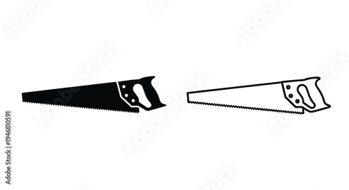 Two black and white illustrations of a hand saw on a white background