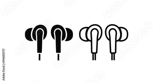 Four black and white illustrations of in ear headphones displayed linearly