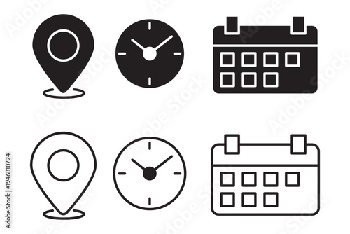 Address time date icons set. Address location icon. Clock icon. Calendar icon. Time, date and address icon set. Calendar, clock, location. Editable stroke. Vector illustration	