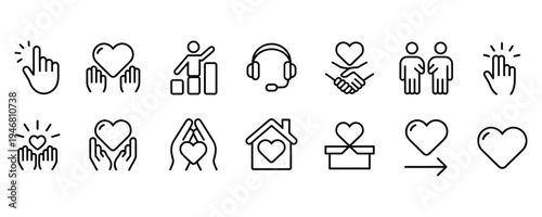 Set of line icons depicting love, Care, And support concepts for various uses