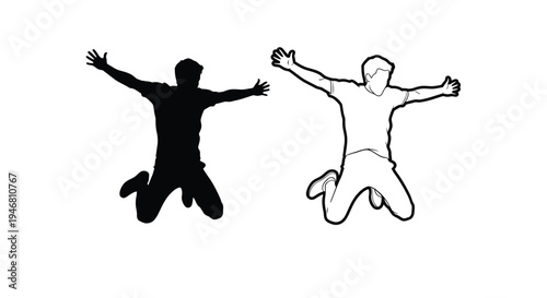 Two figures jumping with arms outstretched a silhouette and a line drawing