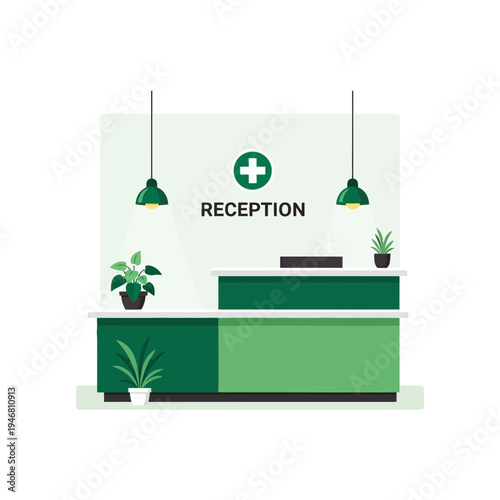 Modern Green Reception Desk Interior with Plants and Overhead Lighting for Medical Office