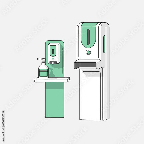 Modern Hand Sanitizer Dispensers In A Public Space, Sanitation And Hygiene Equipment