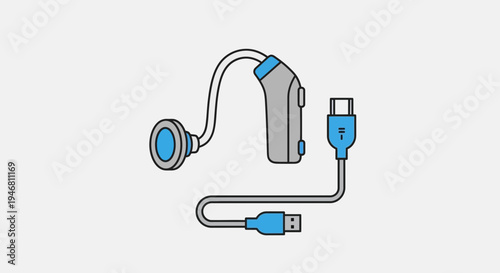 Modern Hearing Aid Illustration Featuring USB Connection for Digital Support and Sound