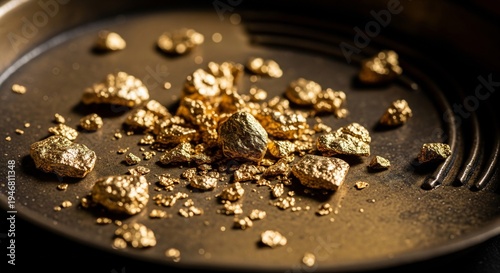 Close-up of Sparkling Raw Gold Nuggets and Flakes in a Traditional Panning Sieve, Symbolizing Wealth, Discovery, and Precious Metal Mining