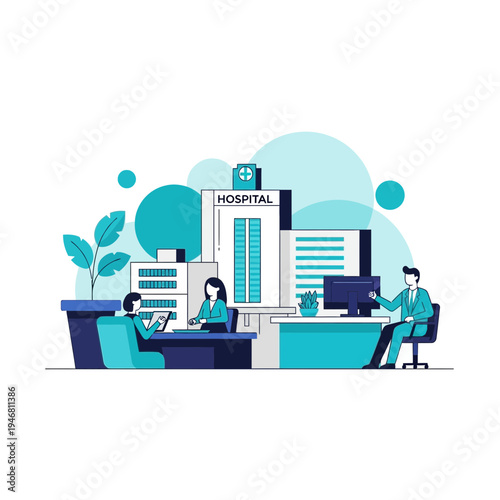Modern Hospital Building Illustration Featuring Reception Desk and Medical Professionals