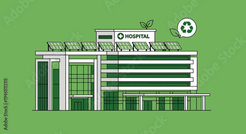 Modern Hospital Building with Solar Panels Representing Green Energy and Sustainability Goals