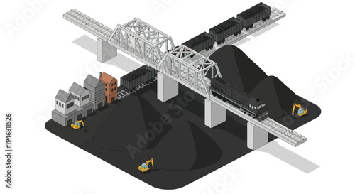 Industrial coal train crossing a steel truss bridge over a coal mine.