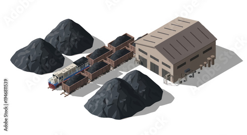 Industrial coal mining operation with trains and warehouse.