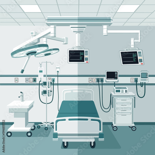 Modern Hospital Room Depiction Featuring Medical Equipment and Patient Bed with Healthcare Focus