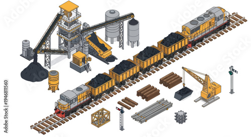 Industrial train and construction site isometric illustration.