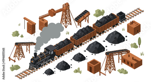 Vintage Coal Mining Train and Equipment Isometric Illustration.