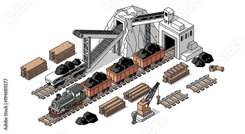 Vintage Coal Mining Train and Industrial Scene Illustration.