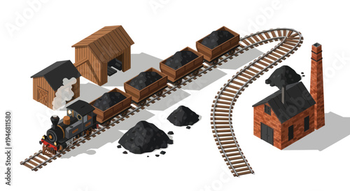 Vintage coal train and mining industry isometric illustration.