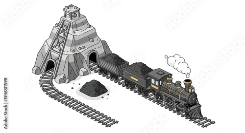 Vintage coal train loading at a mine entrance isometric illustration.