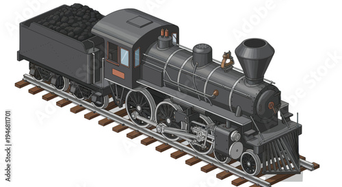 Vintage Steam Locomotive on Railway Tracks Detailed Illustration.