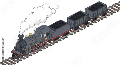 Vintage Steam Locomotive Pulling Coal Cars on Railroad Tracks.