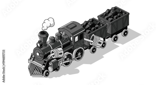 Vintage Steam Locomotive Pulling Coal Cars on Tracks.