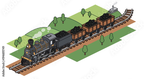 Vintage steam locomotive pulling coal wagons on a railway track.