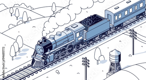 Vintage Steam Locomotive Pulling Passenger Cars on a Scenic Route.