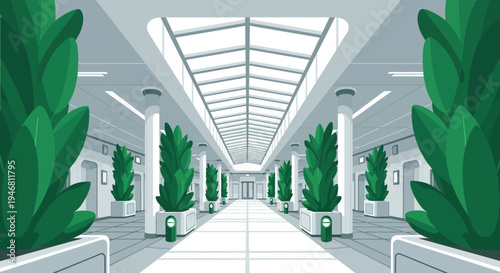 Modern Interior Architecture With Plants and Skylight View, Vector Illustration