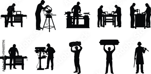 industrial worker silhouettes operating machines and workshop tools set, machinist using lathe, drill and cutting equipment, manufacturing labor workforce vector illustration isolated