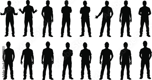 male people silhouettes collection, standing men with different gestures and poses set, casual human characters group, front view vector illustration isolated