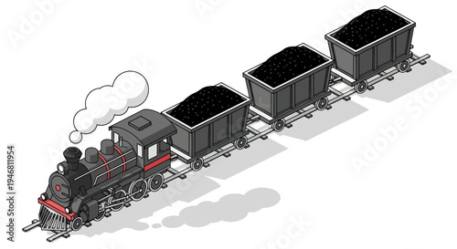 Vintage Steam Train Hauling Coal Cars on Tracks.