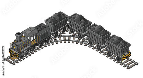 Vintage steam train with coal cars on a railway track.