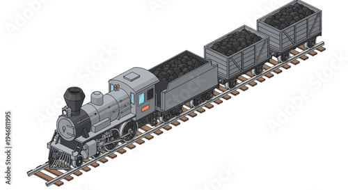 Vintage steam train with coal cars on railway tracks.