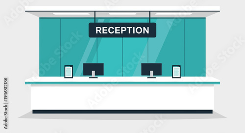 Modern Office Reception Desk Illustration Featuring Digital Tablets and Computer Monitors