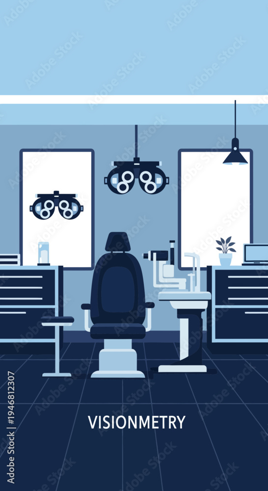 Fototapeta premium Modern Optometry Clinic Illustration: Visual Examination Room Featuring Medical Equipment and