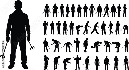 mechanic worker silhouettes holding wrench tools set, technician and repairman performing different working poses, industrial maintenance workforce vector illustration isolated