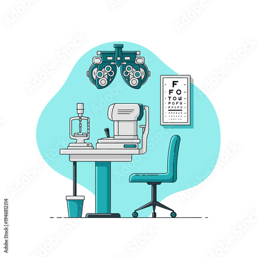 Modern Optometry Clinic Illustration: Vision Care Equipment and Eye Chart in a Clean Design