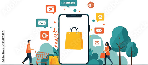 Mobile e commerce shopping concept with digital customers