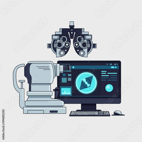 Modern Optometry Equipment Illustration Depicting Eye Examination and Vision Analysis Process