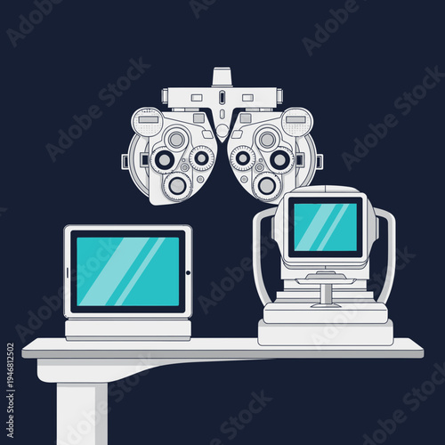 Modern Ophthalmic Tools: Illustration of Eye Examination Equipment and Futuristic Vision Assessment
