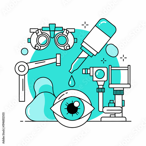 Modern Ophthalmic Tools and Eye Care Illustration Depicting Healthy Vision with Advanced Equipment