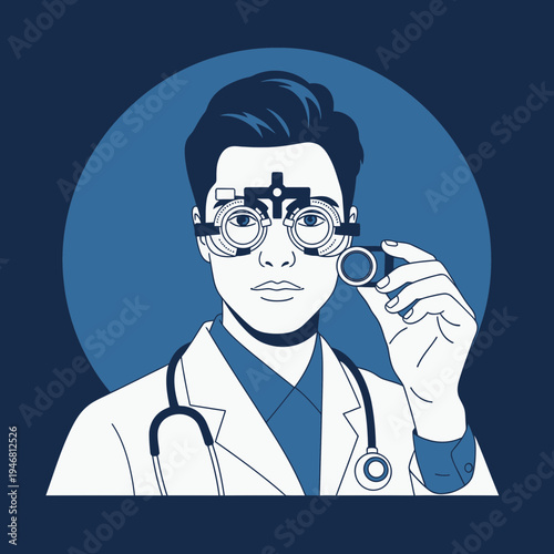 Modern Ophthalmologist Examining Vision with Diagnostic Equipment in a Clinical Setting