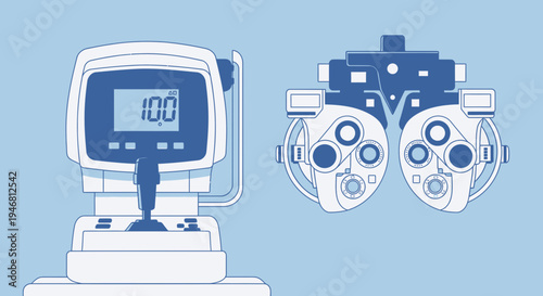 Modern Ophthalmology Devices Illustration Depicting Eye Examination Process In Vector Style