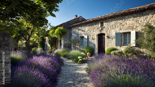 Commercial architecture photography of a Provence stone house with lavender plants, bright daylight