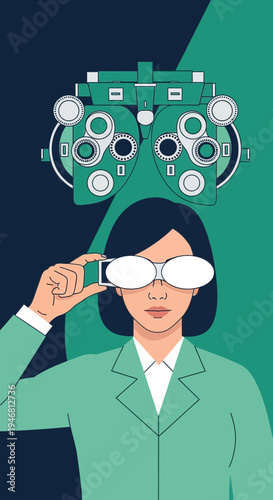 Modern Optometrist Inspecting Vision With Spectacles And Phoropter, Medical Concept Illustration