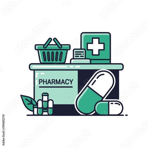 Modern Pharmacy Illustration Displaying Healthcare, Medicine, and Pharmaceutical Supplies